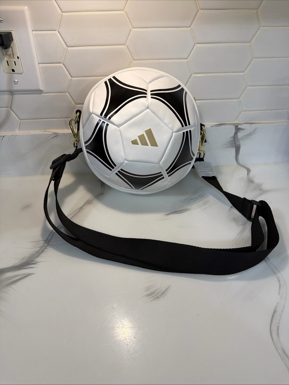 adidas Kids Soccer Ball Shoulder Bag in White, Black & Gold